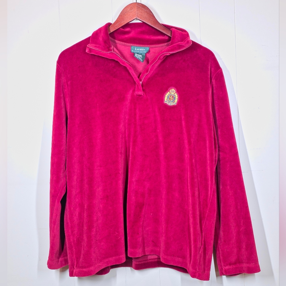 Ralph Lauren Deep Pink Velour Quarter-Zip Pullover Sweater